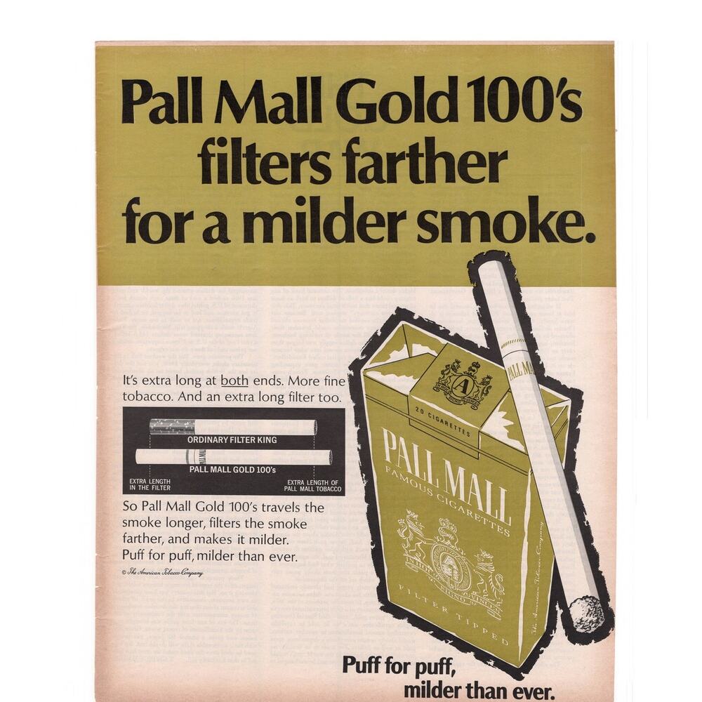 Pall Mall Cigarette Advertisement Vintage 1968 Tobacciana Gold 100s Filter Mild